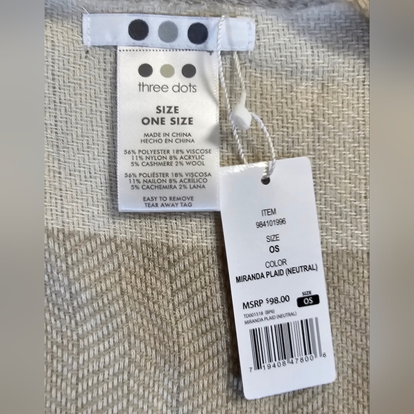 Three Dots Cashmere Blend Plaid Wrap Miranda Neutral OS NWT $98 - Picture 2 of 3